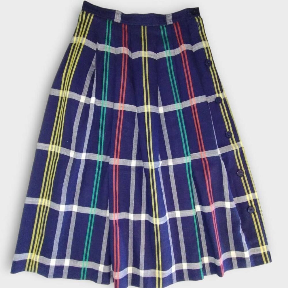 Chaus Navy Plaid Midi Skirt with Multicolor Stripes